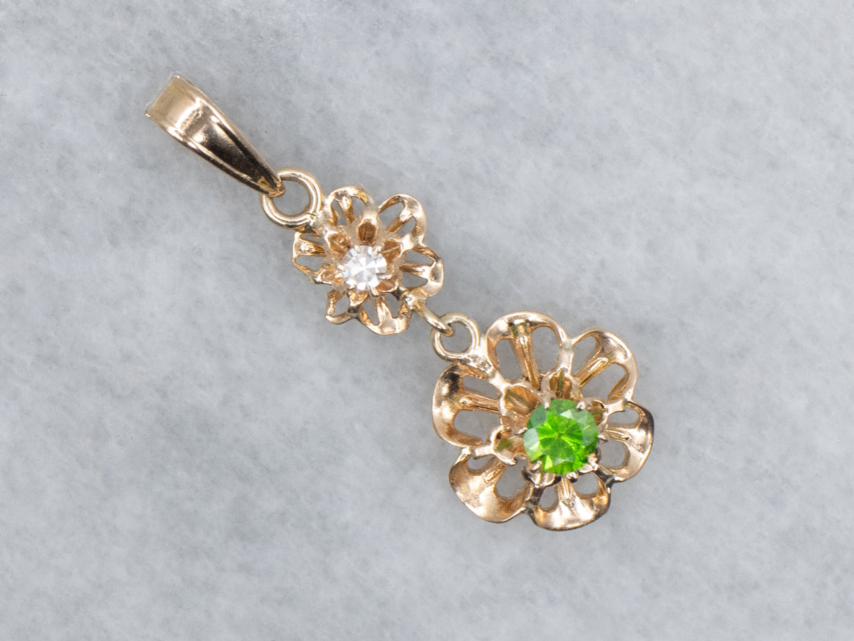 Buttercup-Set Demantoid Garnet and Diamond Double Flower Drop Pendant