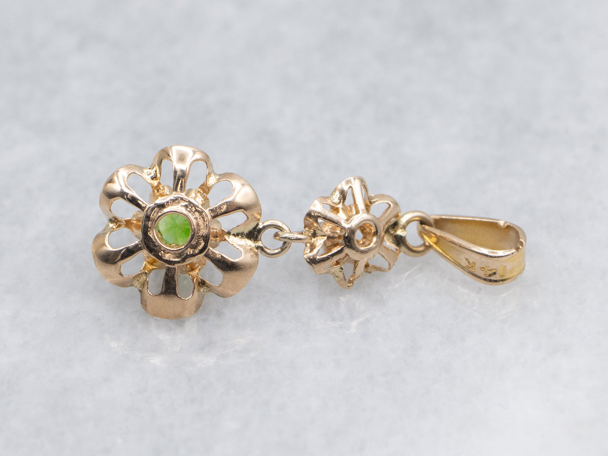 Buttercup-Set Demantoid Garnet and Diamond Double Flower Drop Pendant