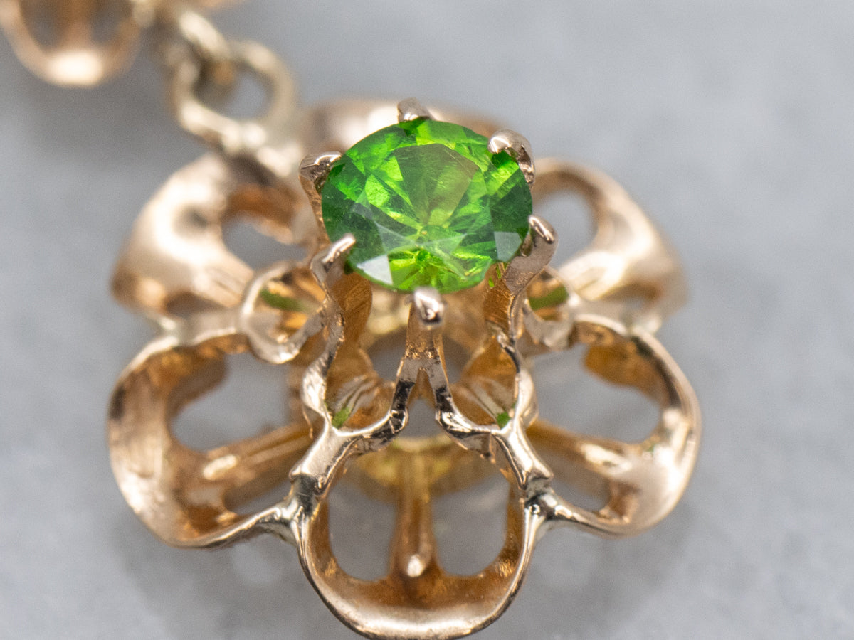 Buttercup-Set Demantoid Garnet and Diamond Double Flower Drop Pendant