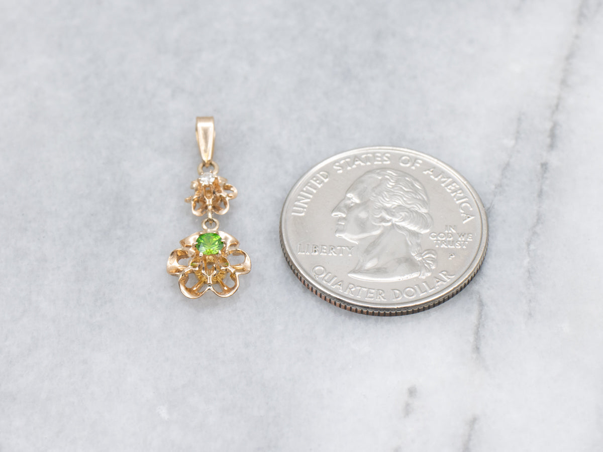 Buttercup-Set Demantoid Garnet and Diamond Double Flower Drop Pendant