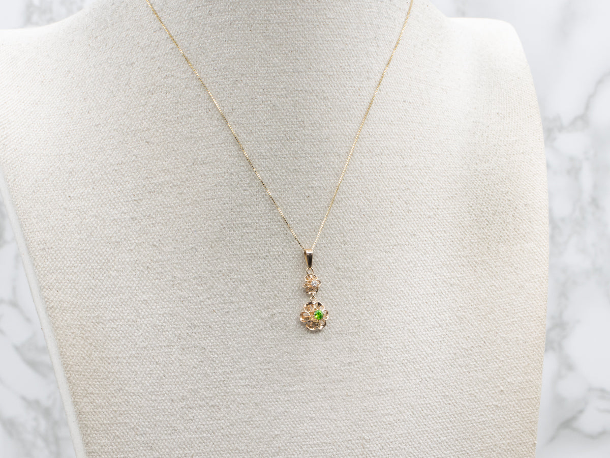 Buttercup-Set Demantoid Garnet and Diamond Double Flower Drop Pendant