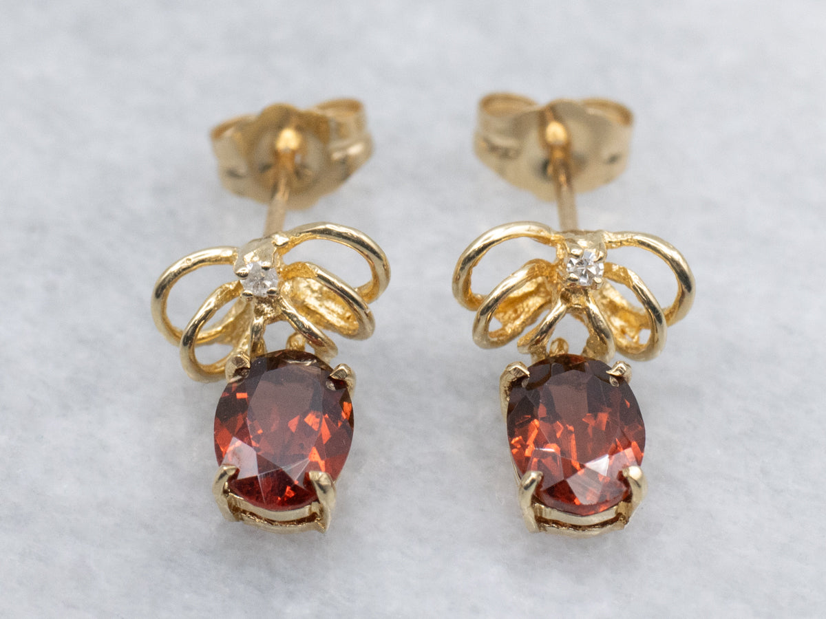 Garnet and Diamond Gold Loop Drop Earrings