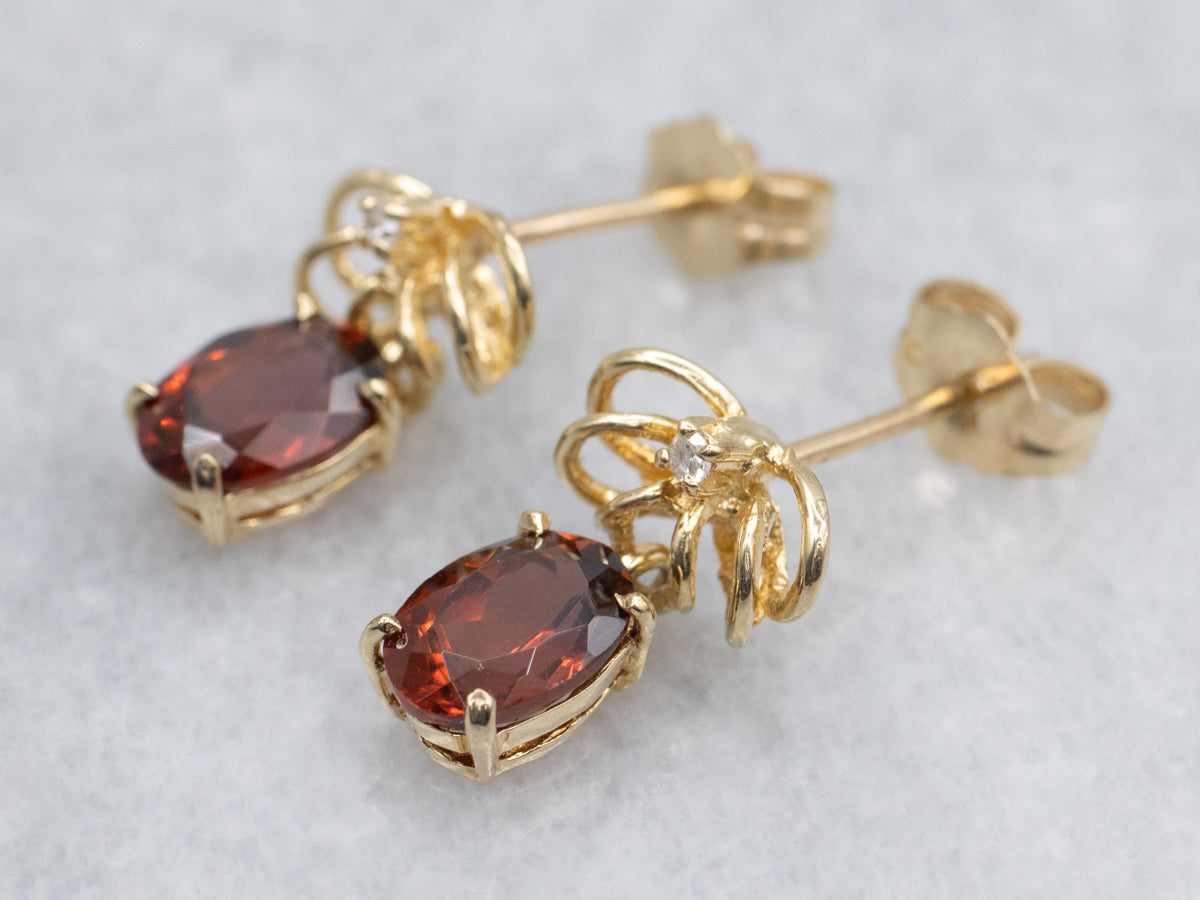 Garnet and Diamond Gold Loop Drop Earrings