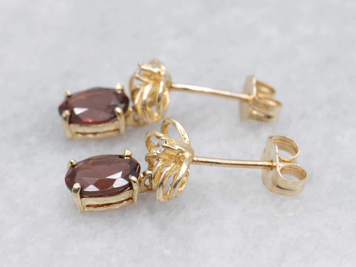 Garnet and Diamond Gold Loop Drop Earrings