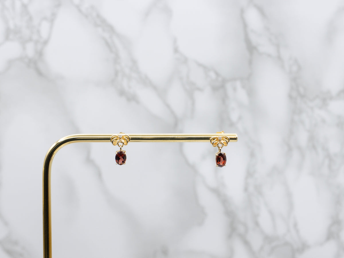 Garnet and Diamond Gold Loop Drop Earrings