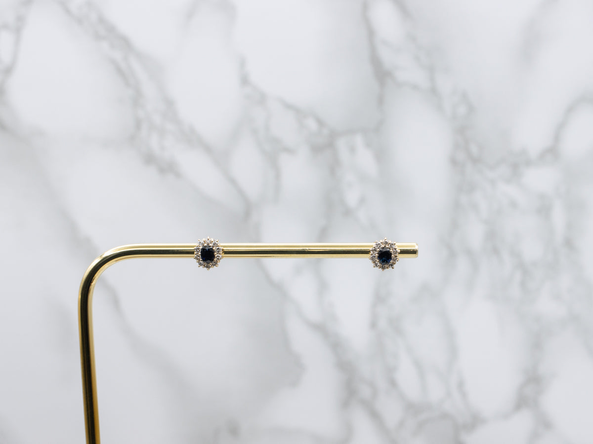 Timeless Navy Sapphire and Diamond Halo Stud Earrings