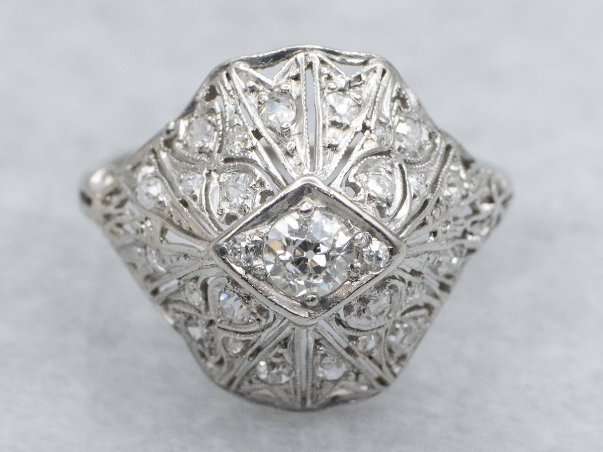 Edwardian Era Platinum and Old Mine Cut Diamond Filigree Dinner Ring