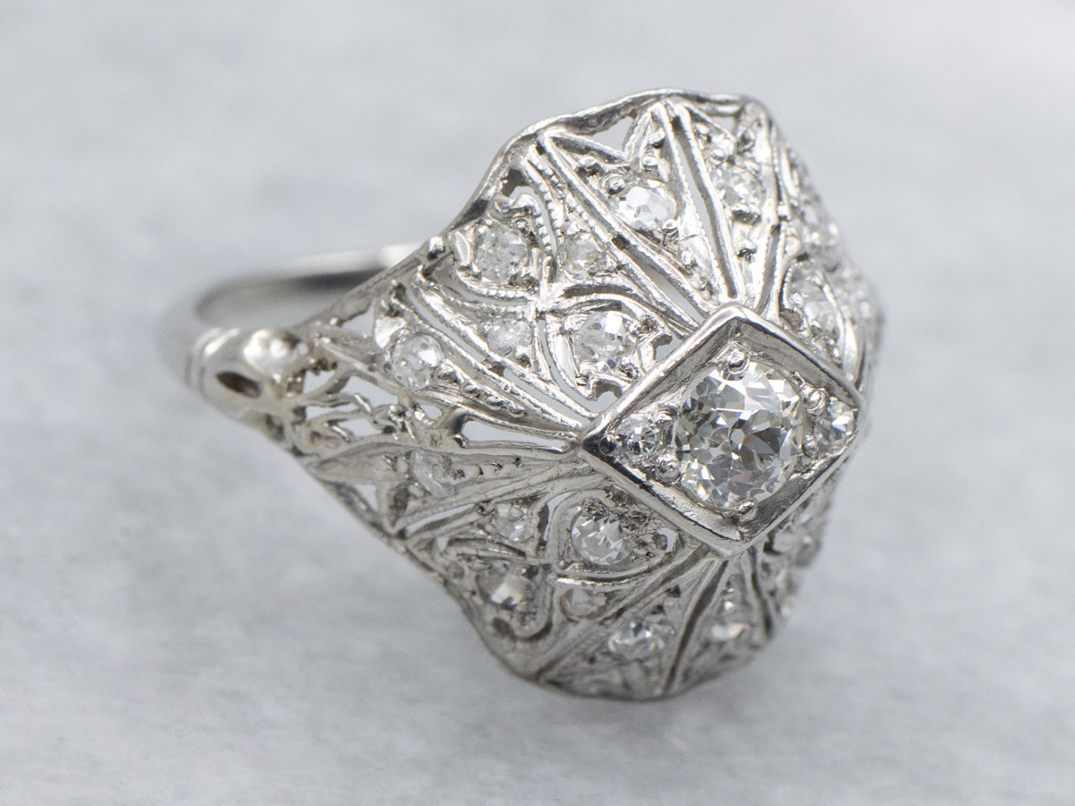 Edwardian Era Platinum and Old Mine Cut Diamond Filigree Dinner Ring