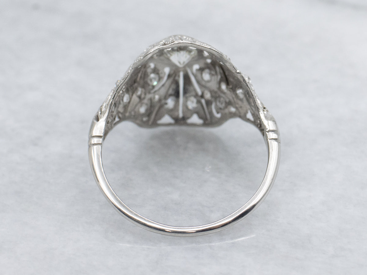 Edwardian Era Platinum and Old Mine Cut Diamond Filigree Dinner Ring