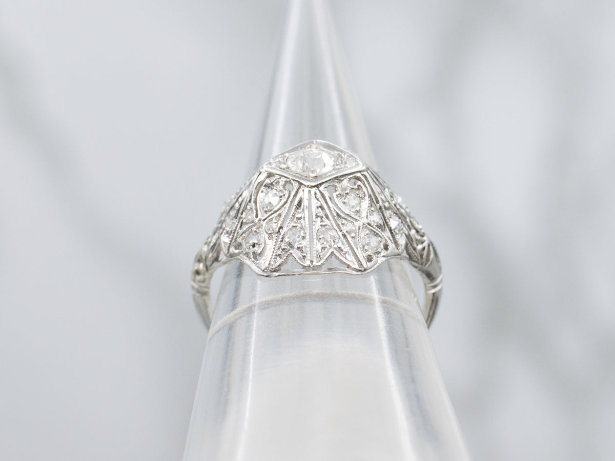 Edwardian Era Platinum and Old Mine Cut Diamond Filigree Dinner Ring