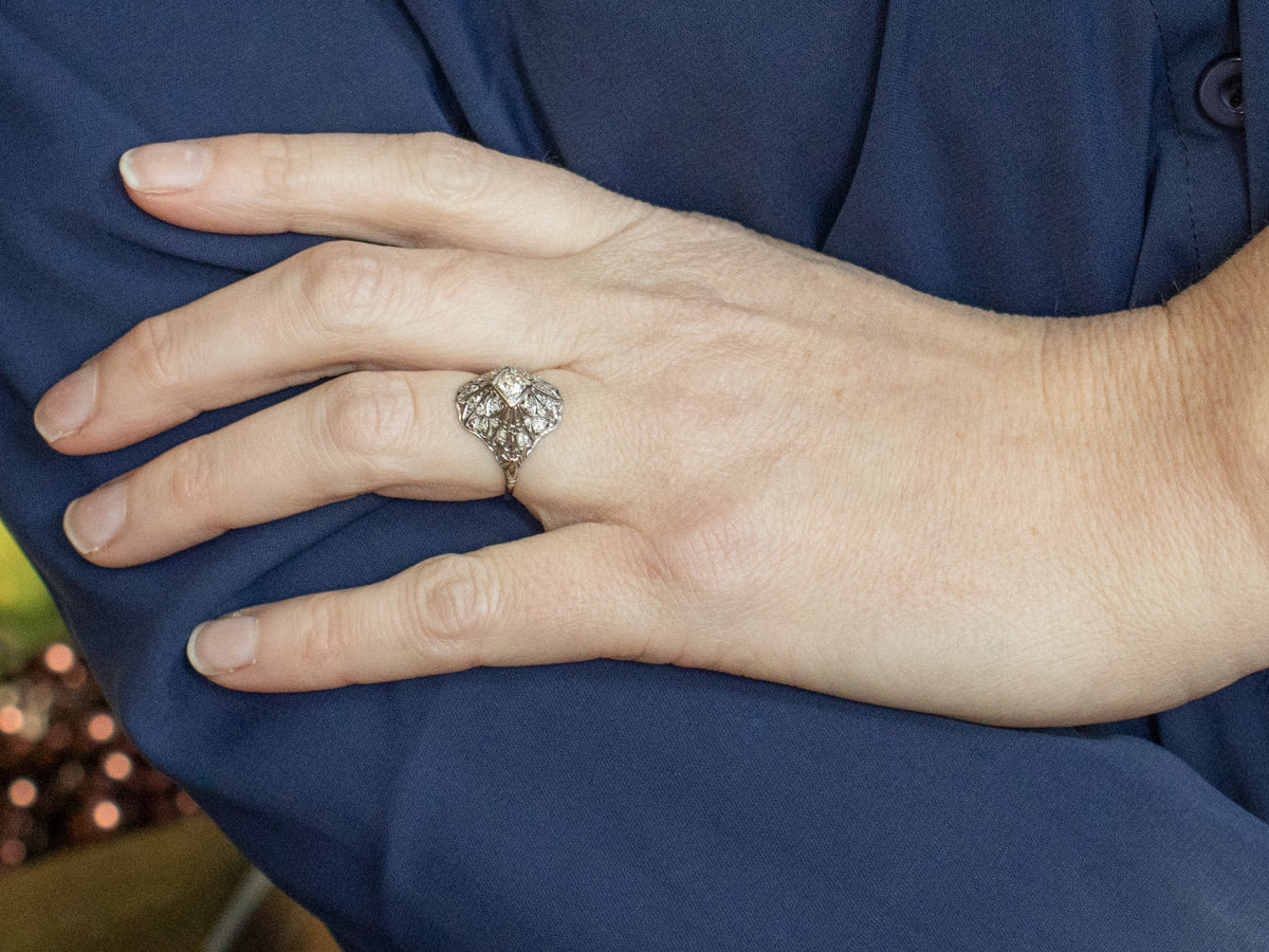 Edwardian Era Platinum and Old Mine Cut Diamond Filigree Dinner Ring