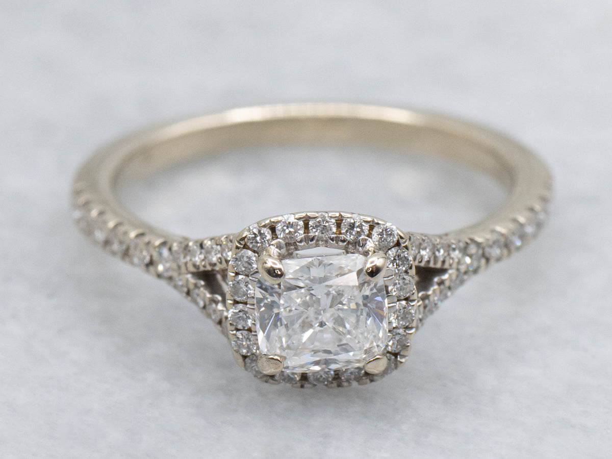 Modern Cushion-Cut Diamond White Gold Halo Engagement Ring with Split Shank