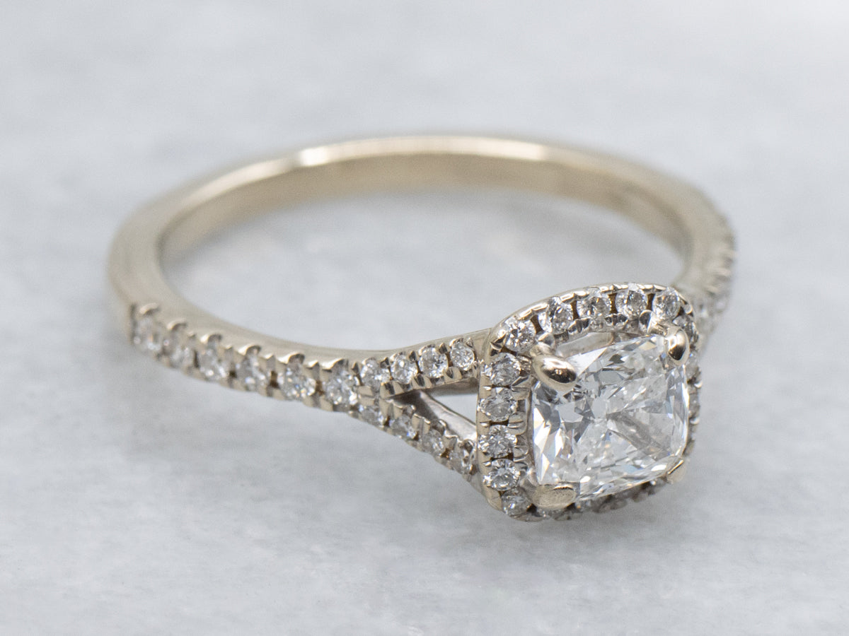 Modern Cushion-Cut Diamond White Gold Halo Engagement Ring with Split Shank
