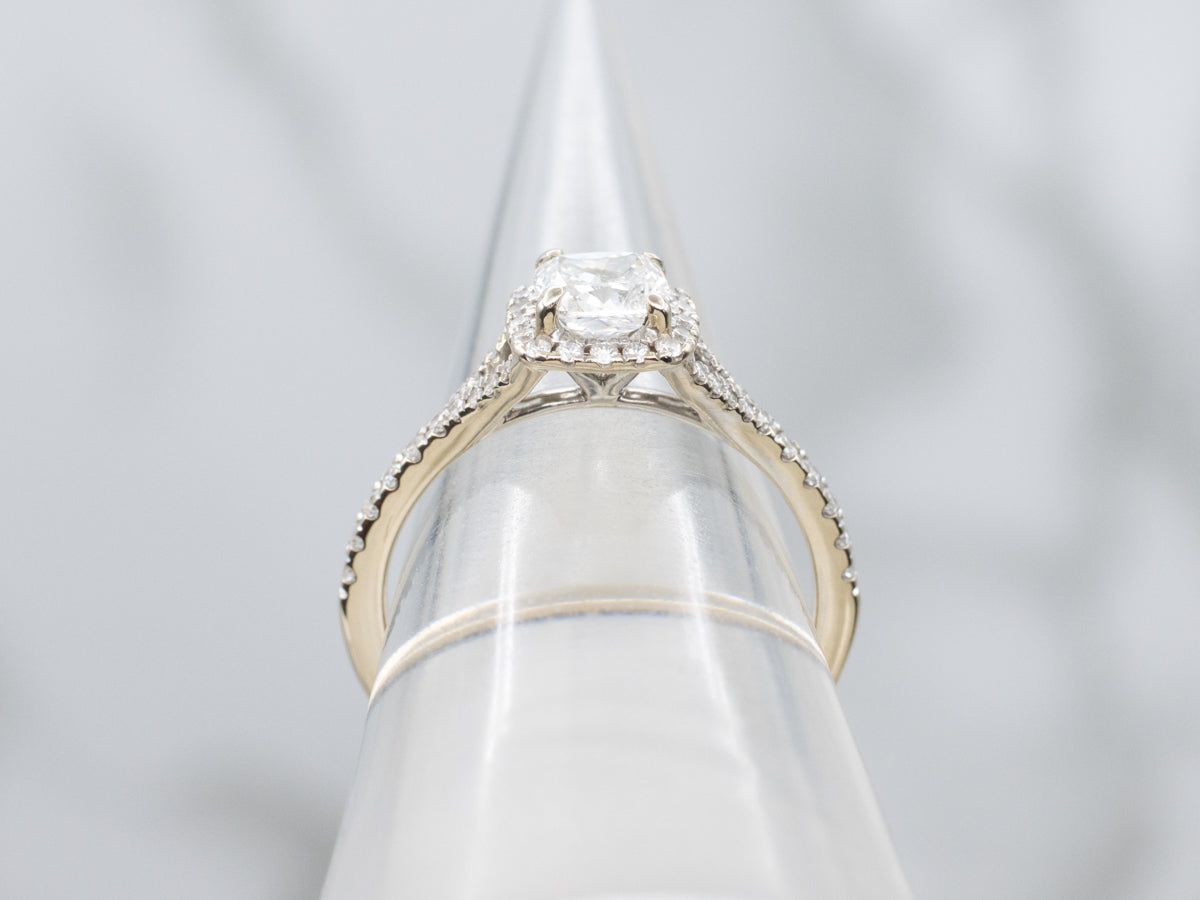 Modern Cushion-Cut Diamond White Gold Halo Engagement Ring with Split Shank