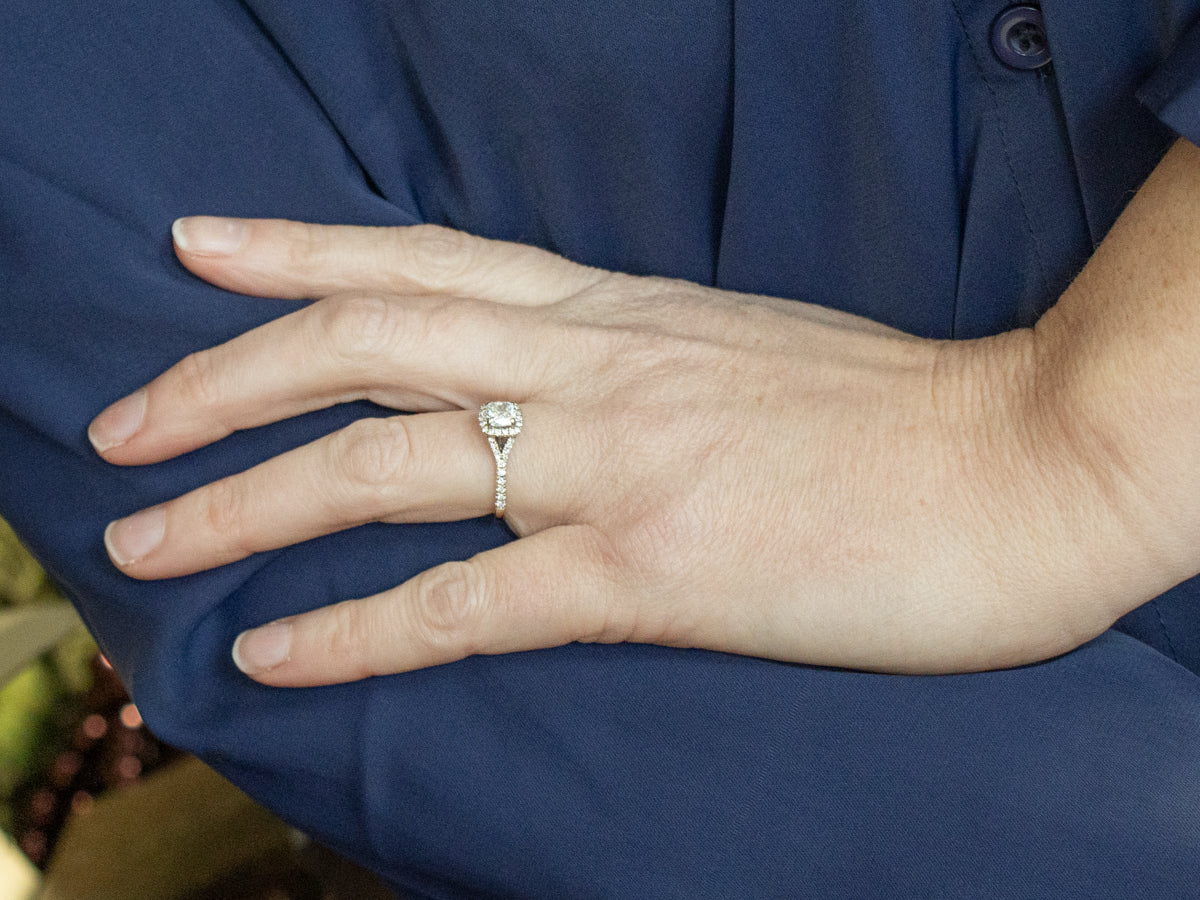 Modern Cushion-Cut Diamond White Gold Halo Engagement Ring with Split Shank