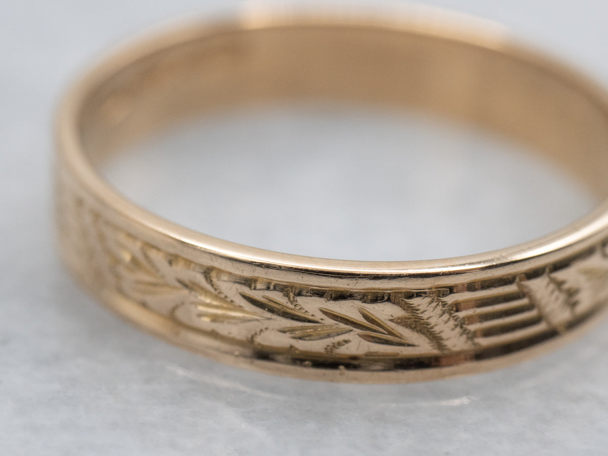 Vintage Yellow Gold Stylized Wheat Pattern Band