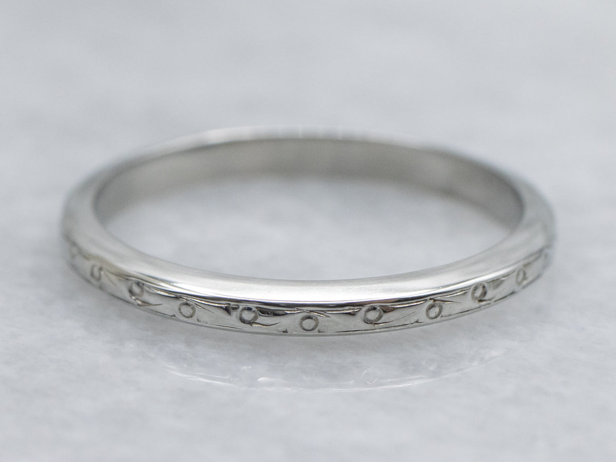 Thin 18K White Gold Vintage Dot-Patterned Band