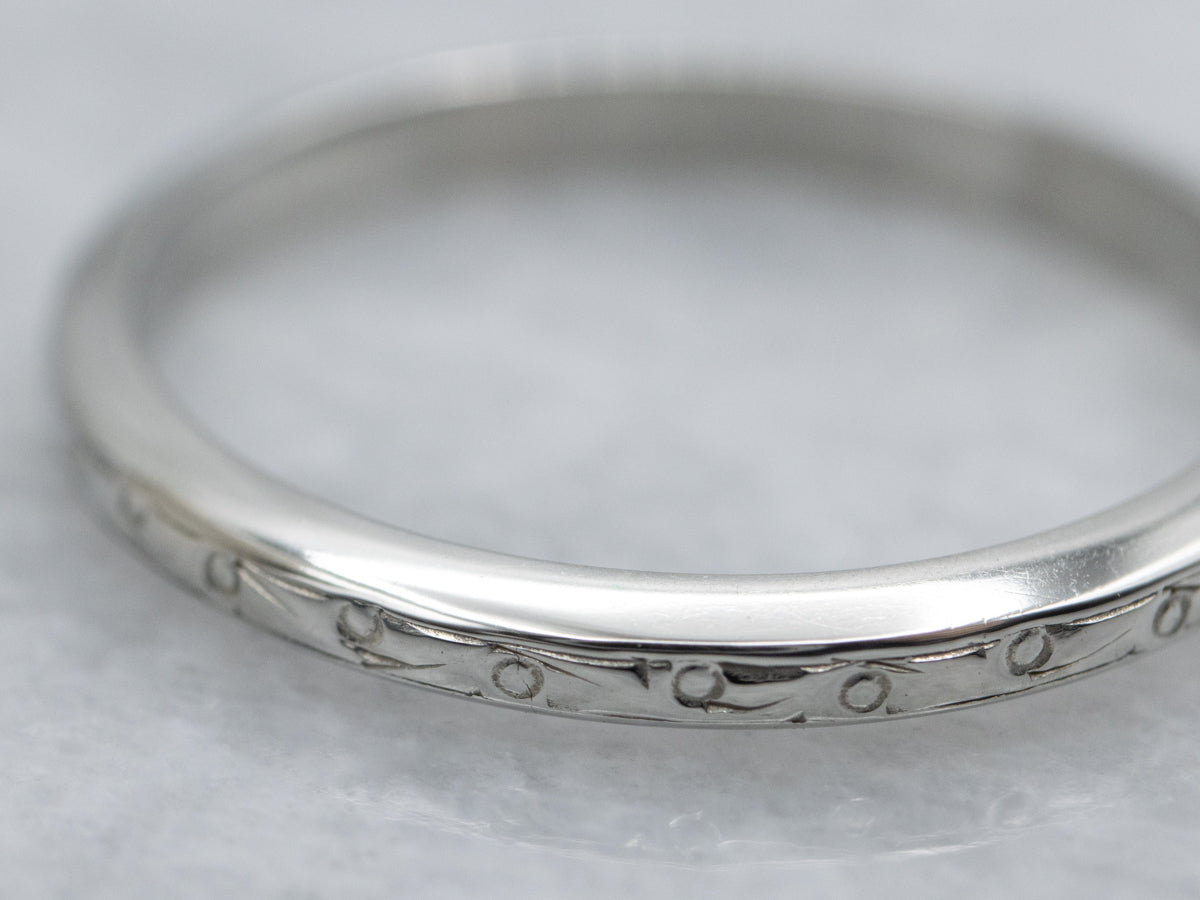 Thin 18K White Gold Vintage Dot-Patterned Band