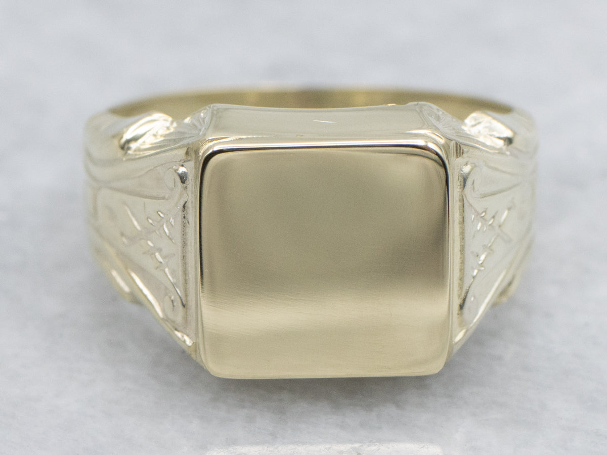 Plain Square Yellow Gold Etched Shoulder Signet Ring