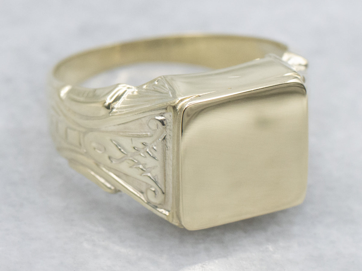 Plain Square Yellow Gold Etched Shoulder Signet Ring