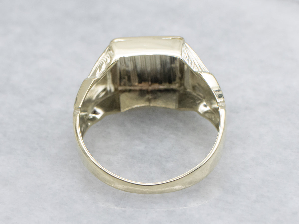 Plain Square Yellow Gold Etched Shoulder Signet Ring