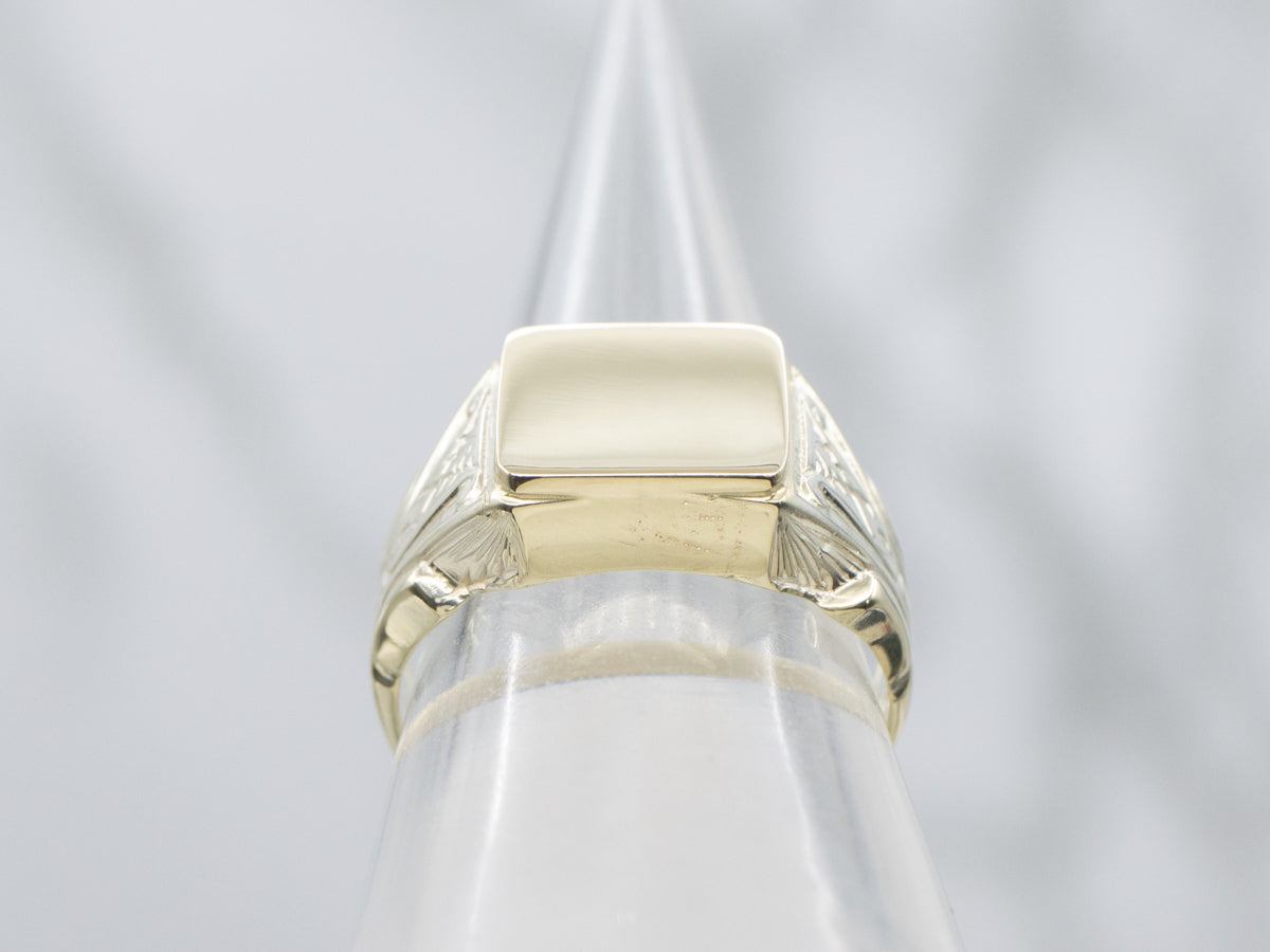 Plain Square Yellow Gold Etched Shoulder Signet Ring