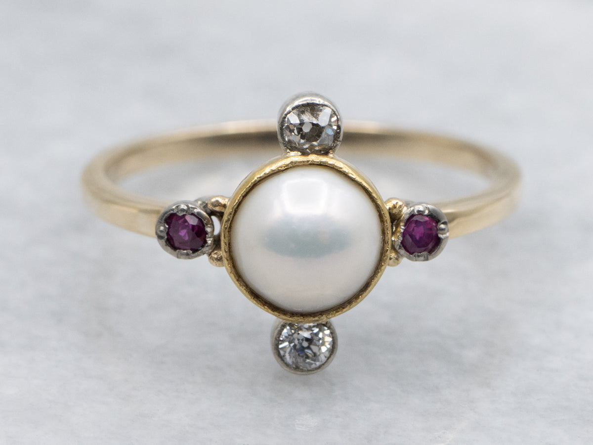 Victorian Pearl, Ruby, and Old Mine Cut Diamond Compass-Point Ring