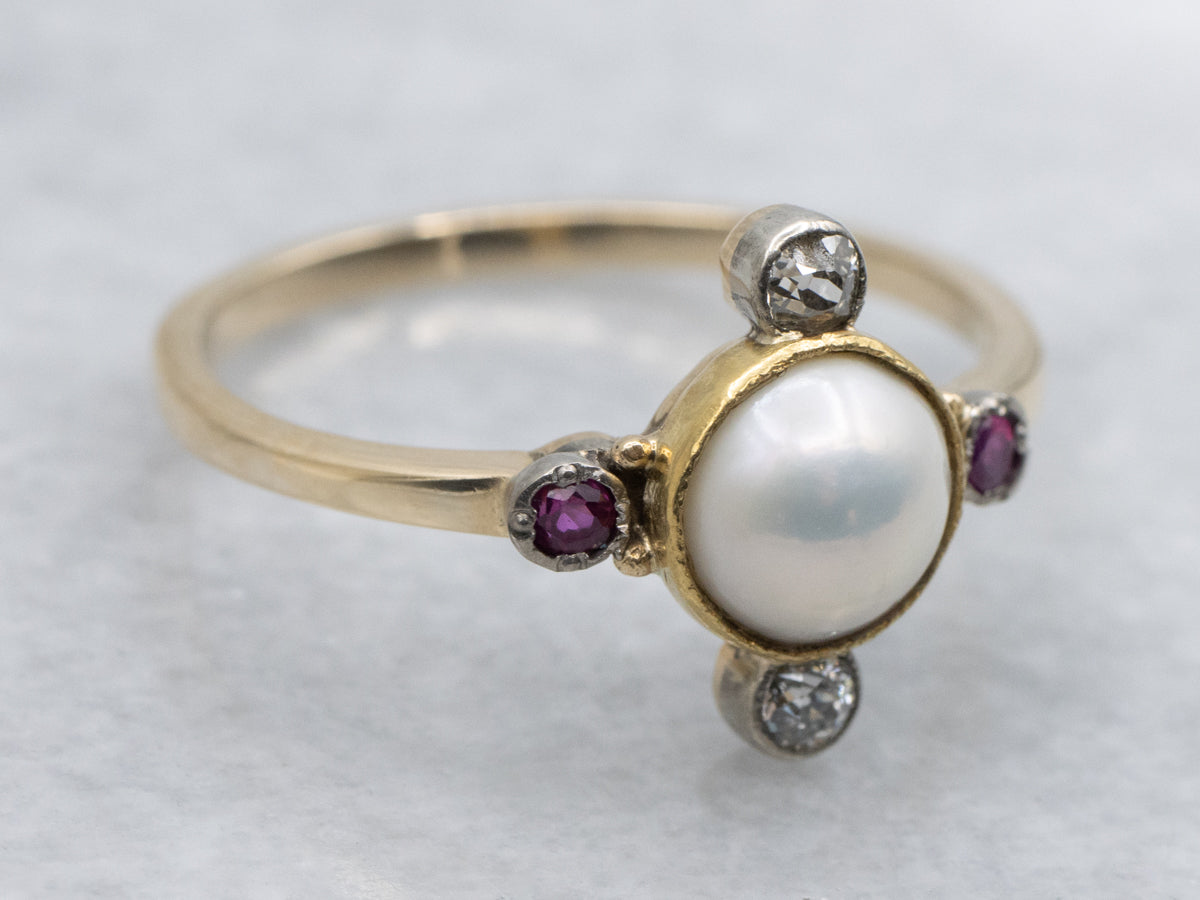 Victorian Pearl, Ruby, and Old Mine Cut Diamond Compass-Point Ring