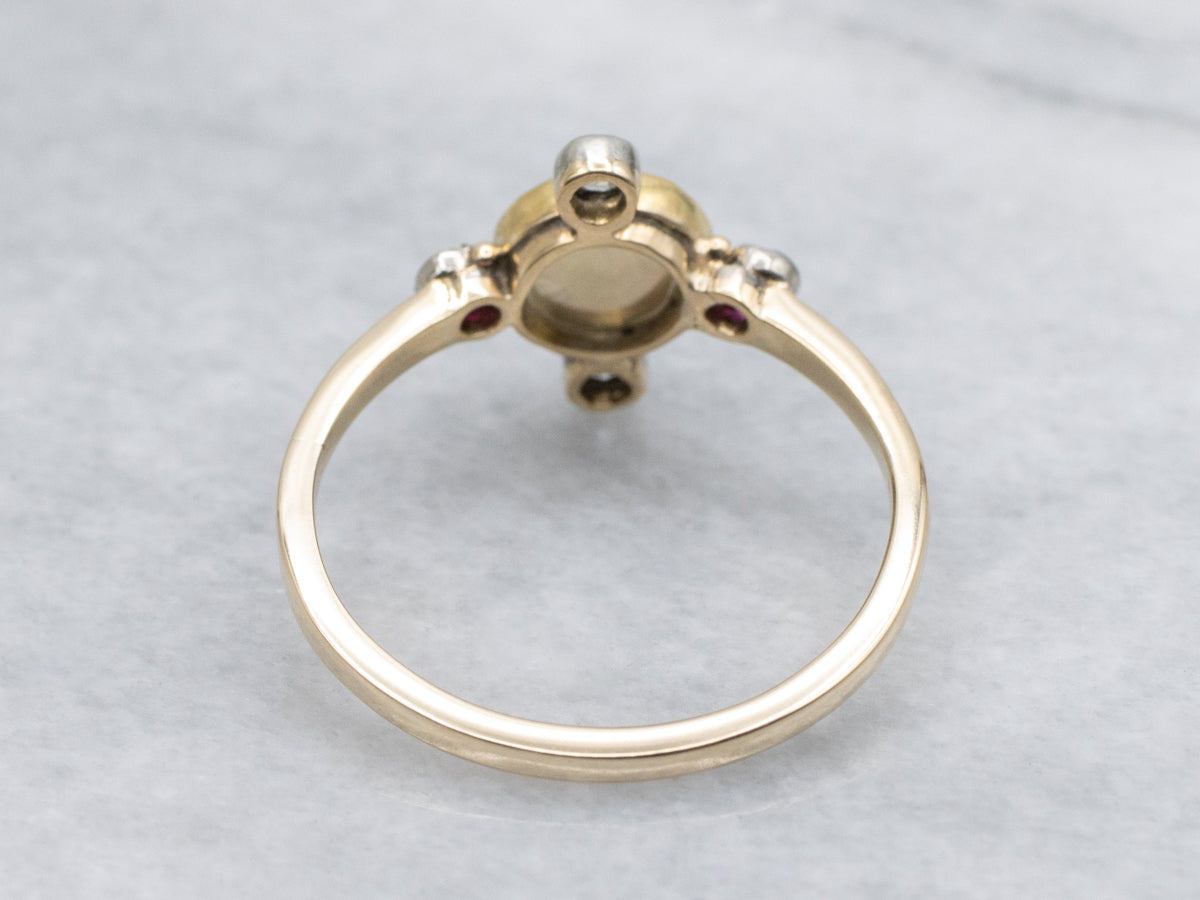 Victorian Pearl, Ruby, and Old Mine Cut Diamond Compass-Point Ring