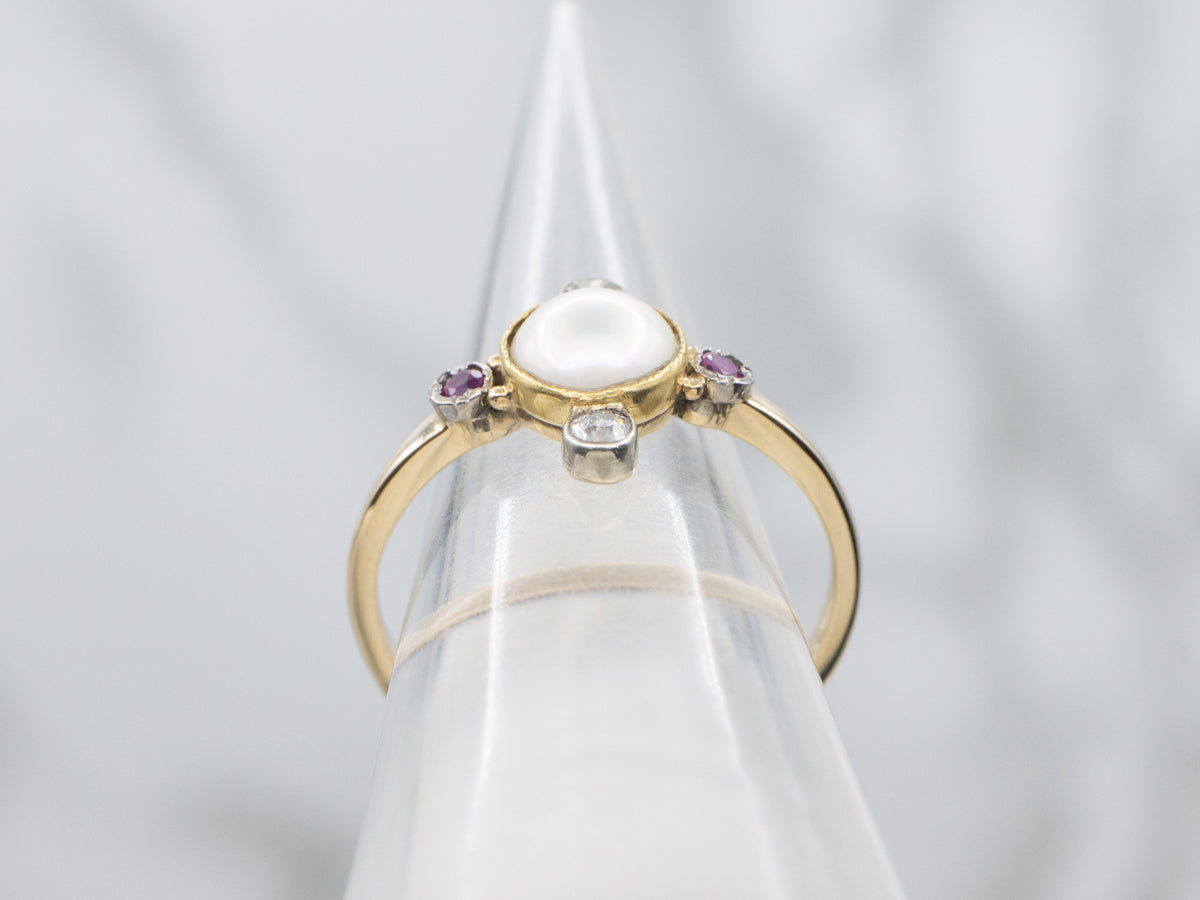 Victorian Pearl, Ruby, and Old Mine Cut Diamond Compass-Point Ring