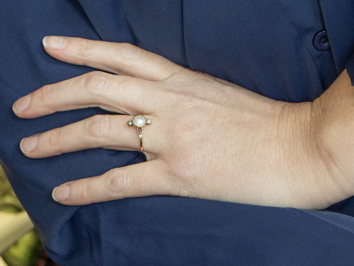Victorian Pearl, Ruby, and Old Mine Cut Diamond Compass-Point Ring