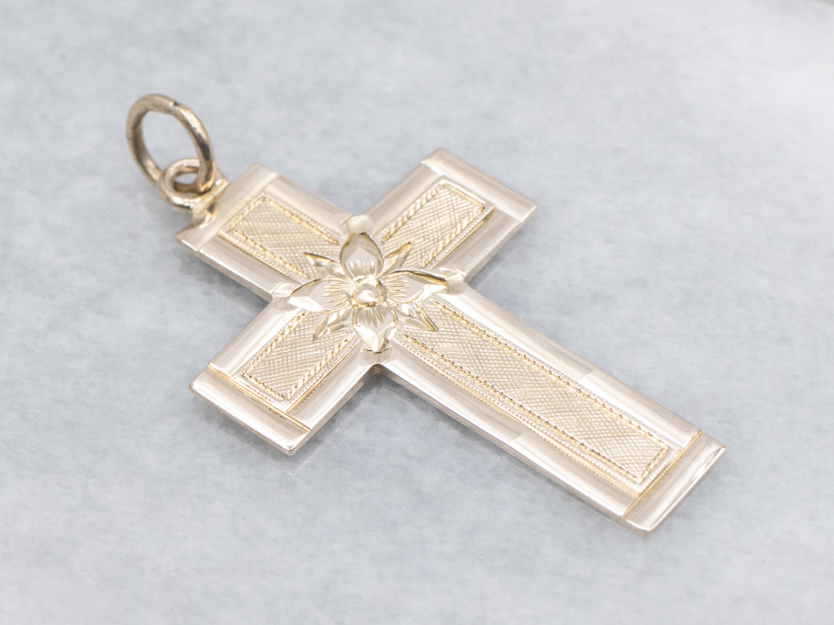 Vintage Flat Yellow Gold Engraved Floral Cross Pendant