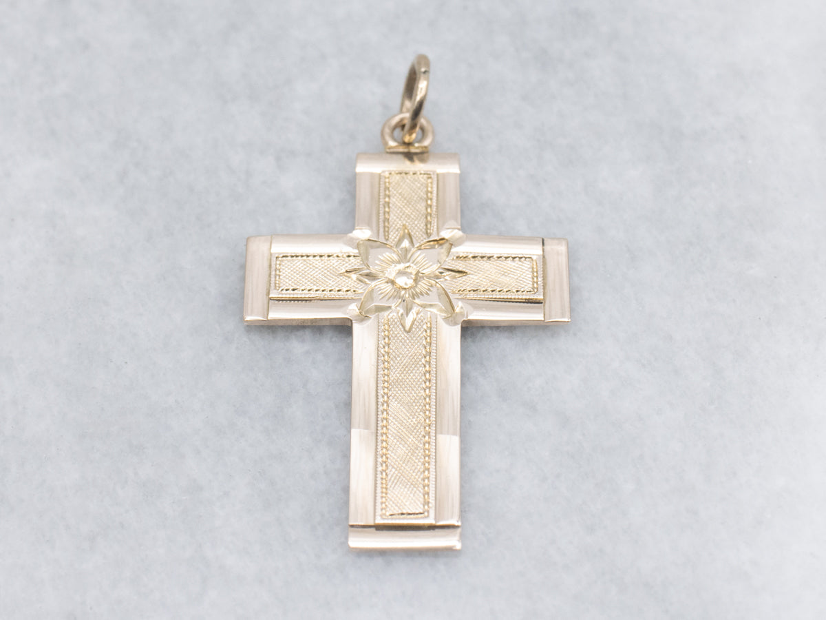 Vintage Flat Yellow Gold Engraved Floral Cross Pendant