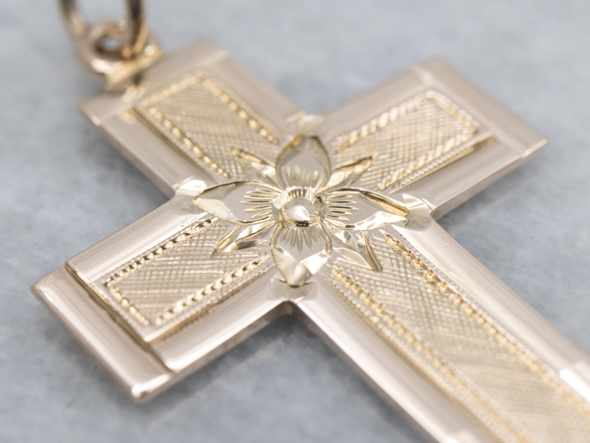 Vintage Flat Yellow Gold Engraved Floral Cross Pendant