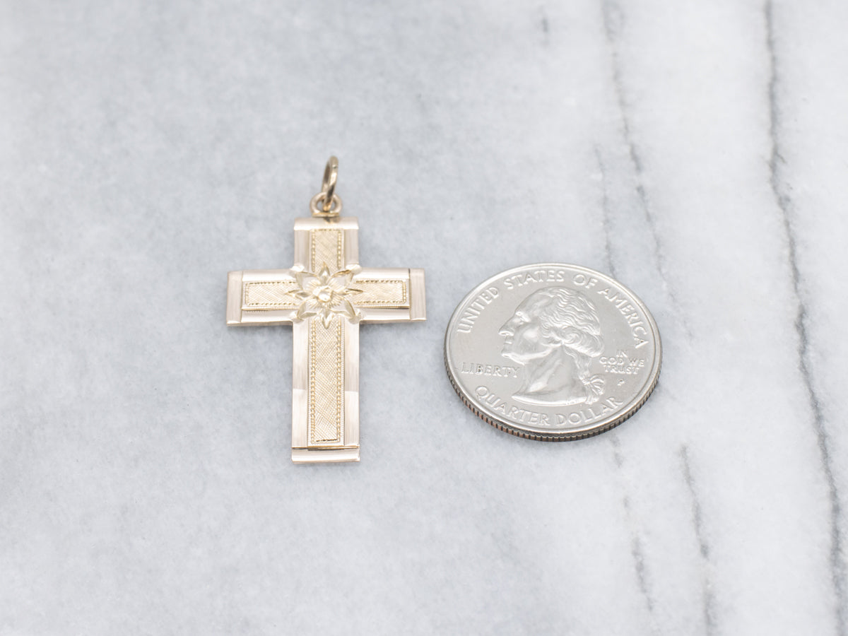 Vintage Flat Yellow Gold Engraved Floral Cross Pendant