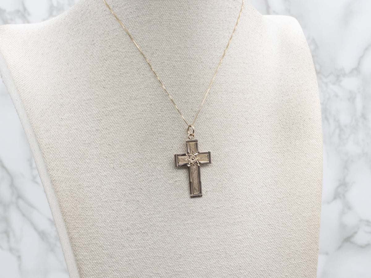 Vintage Flat Yellow Gold Engraved Floral Cross Pendant