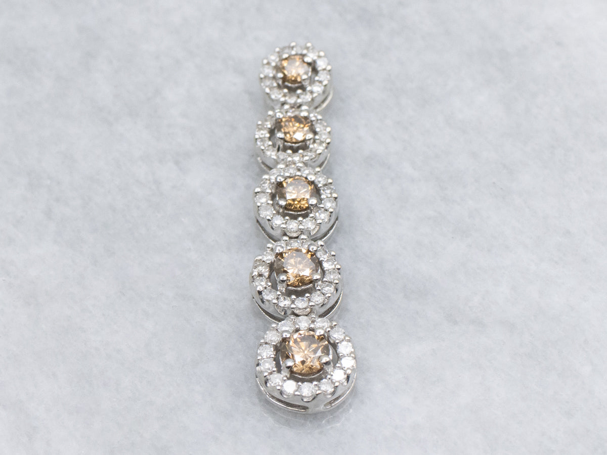 Modern Champagne Diamond Graduated Halo White Gold Drop Pendant