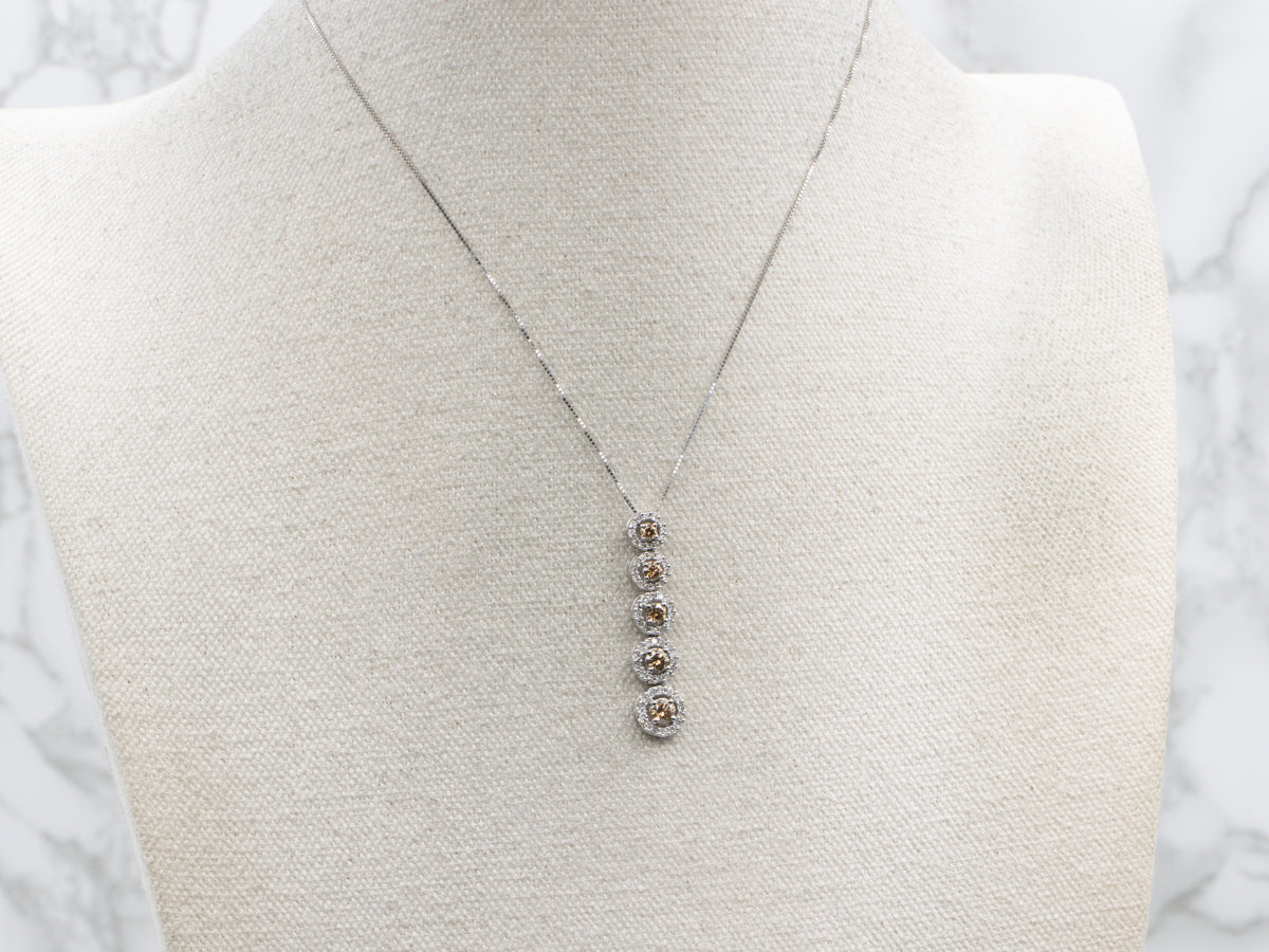 Modern Champagne Diamond Graduated Halo White Gold Drop Pendant