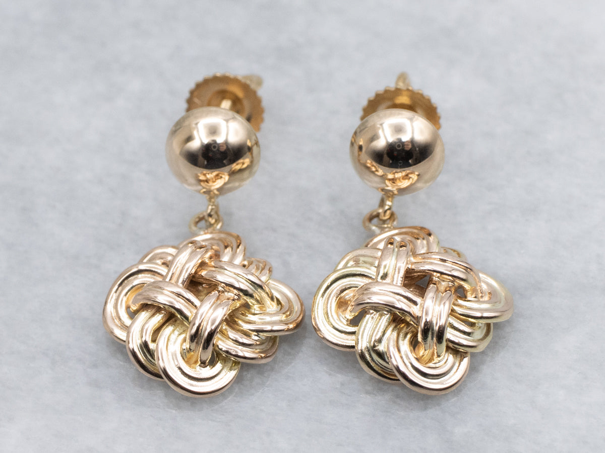 Woven Celtic-Style Gold Knot Drop Earrings