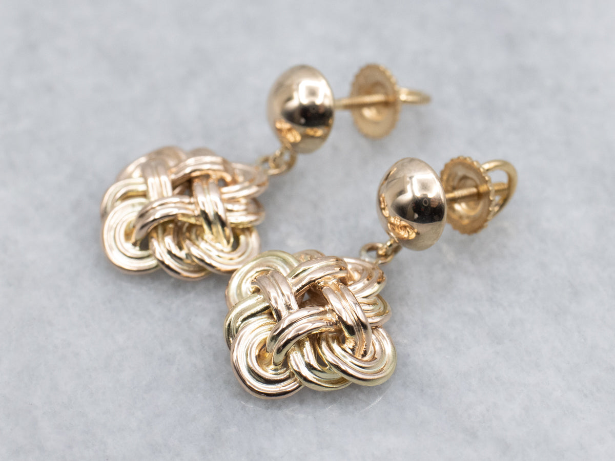 Woven Celtic-Style Gold Knot Drop Earrings