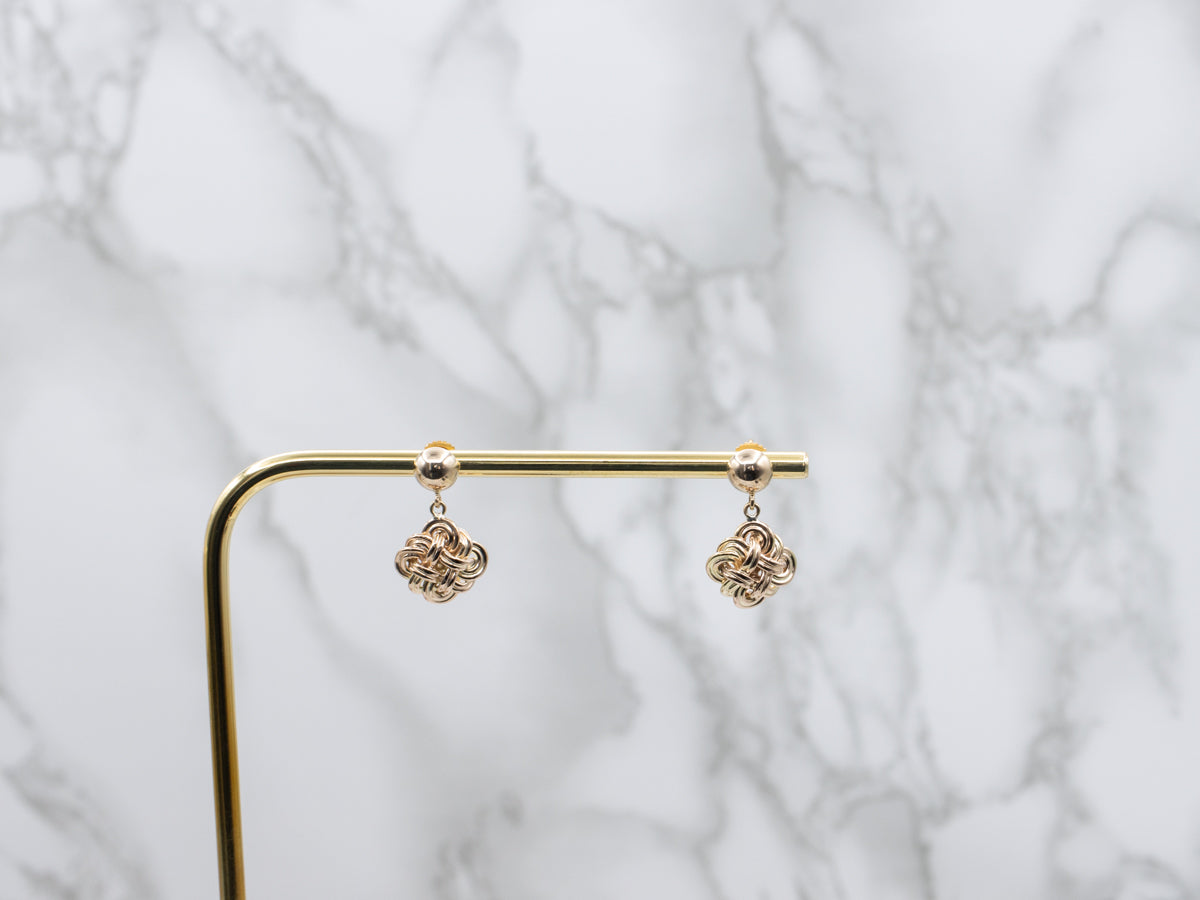 Woven Celtic-Style Gold Knot Drop Earrings