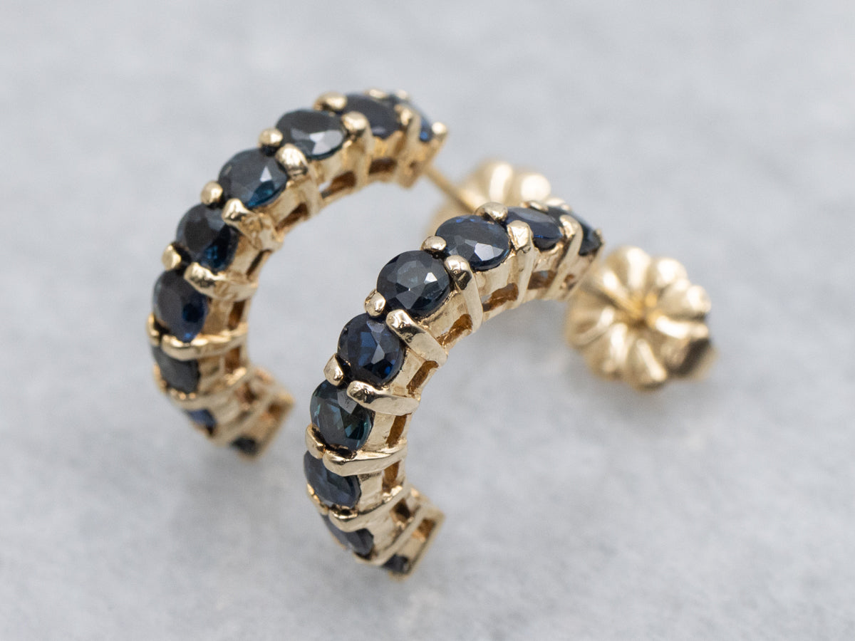Classic Sapphire Yellow Gold Half Hoop Earrings