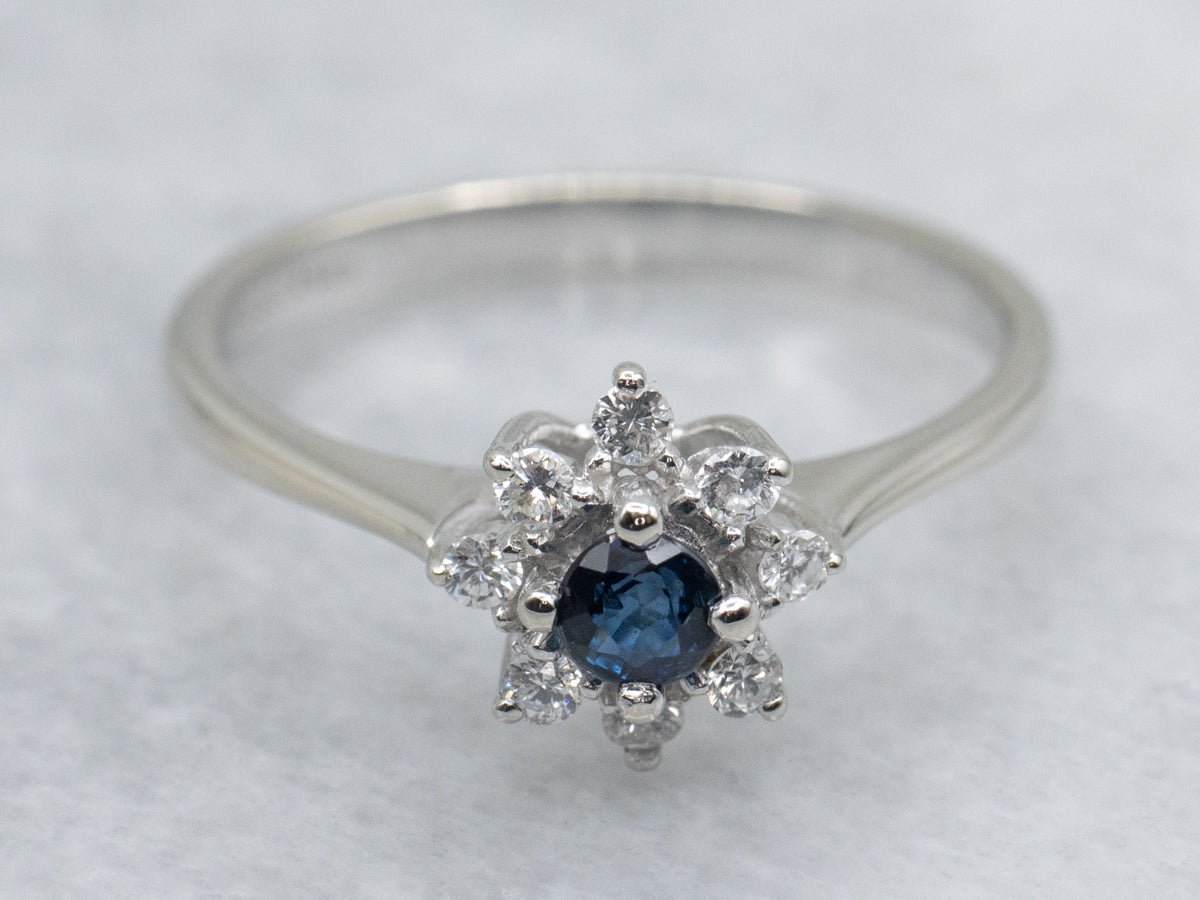 Modern Sapphire and Diamond Floral Halo Ring