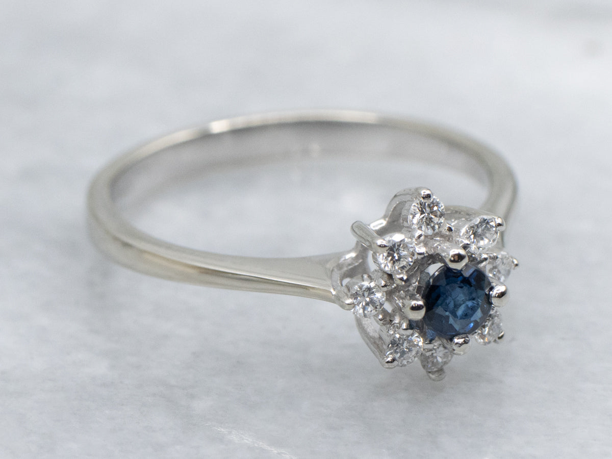 Modern Sapphire and Diamond Floral Halo Ring