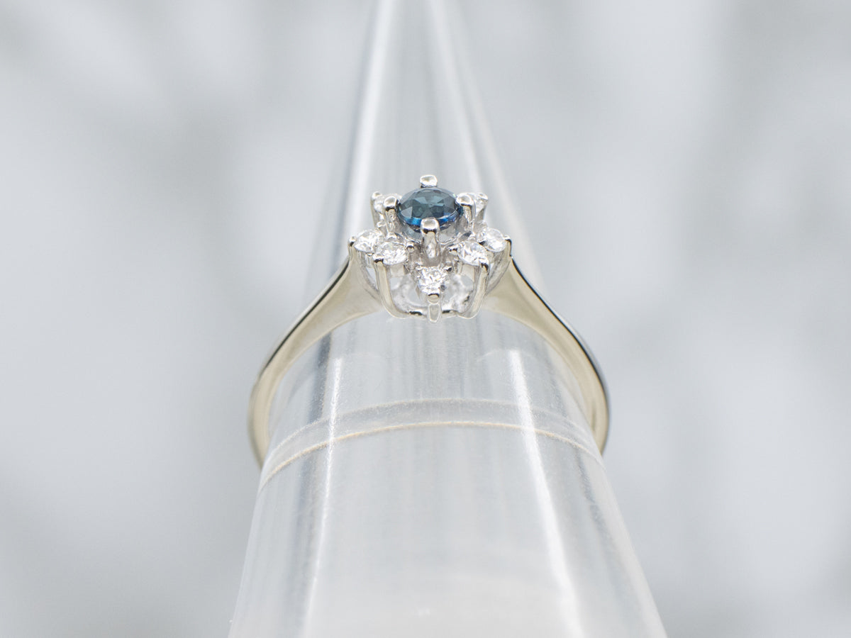 Modern Sapphire and Diamond Floral Halo Ring