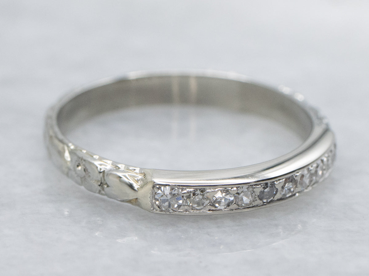1950s Diamond Wedding Band with Sweetheart and Flower Motif