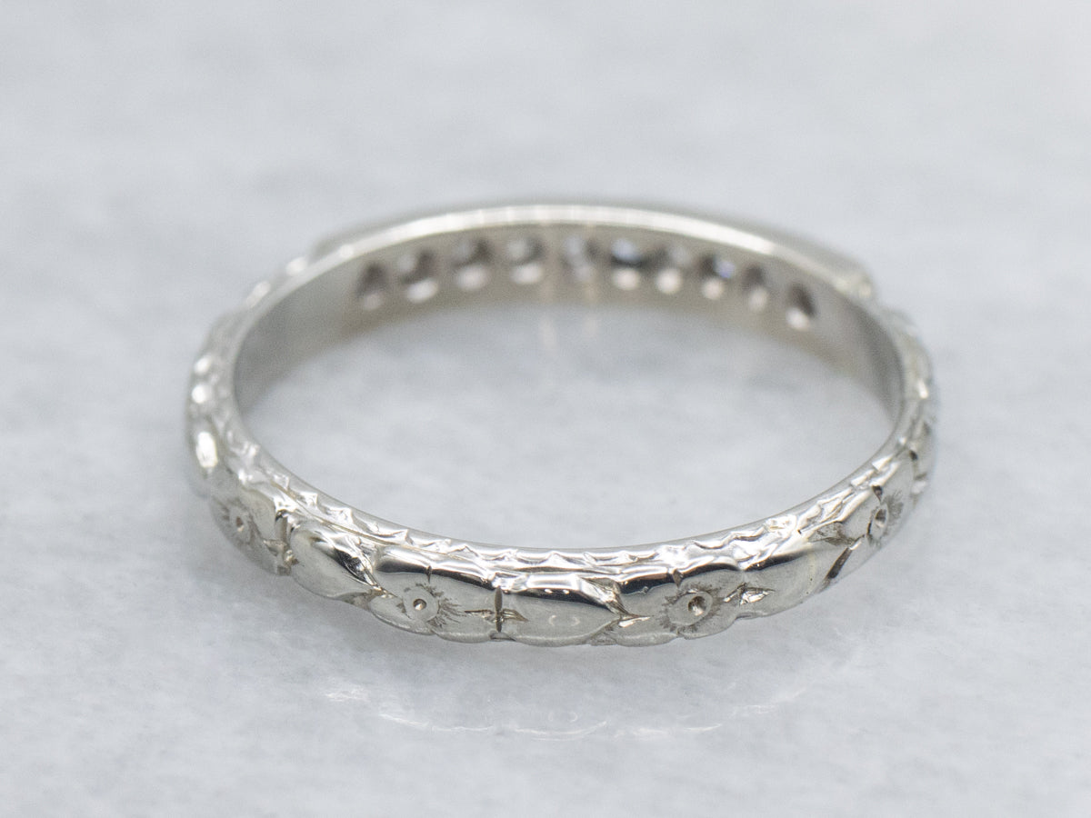 1950s Diamond Wedding Band with Sweetheart and Flower Motif