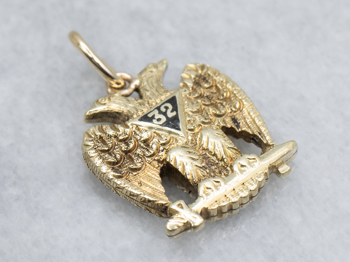 Masonic Black Enamel "32" Double-Headed Eagle Vintage Gold Pendant
