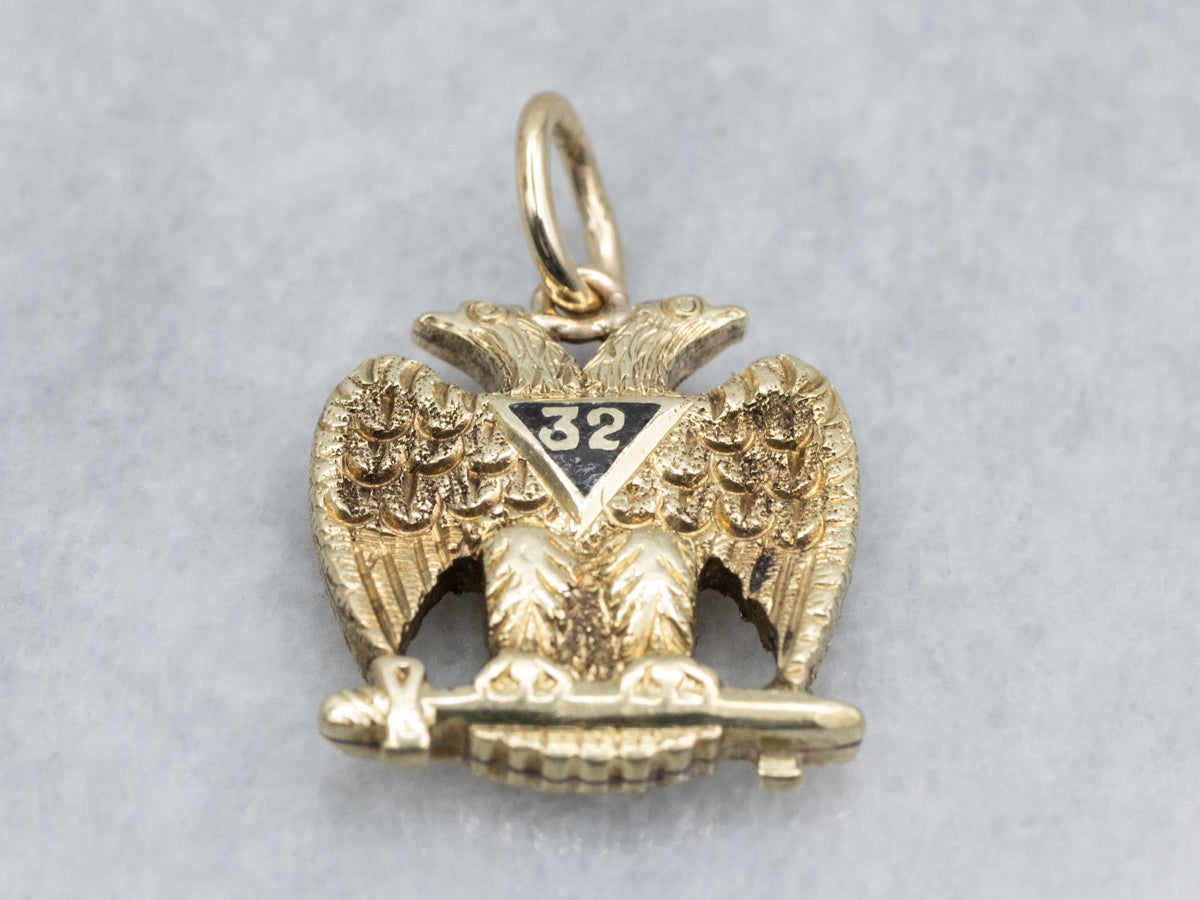 Masonic Black Enamel "32" Double-Headed Eagle Vintage Gold Pendant