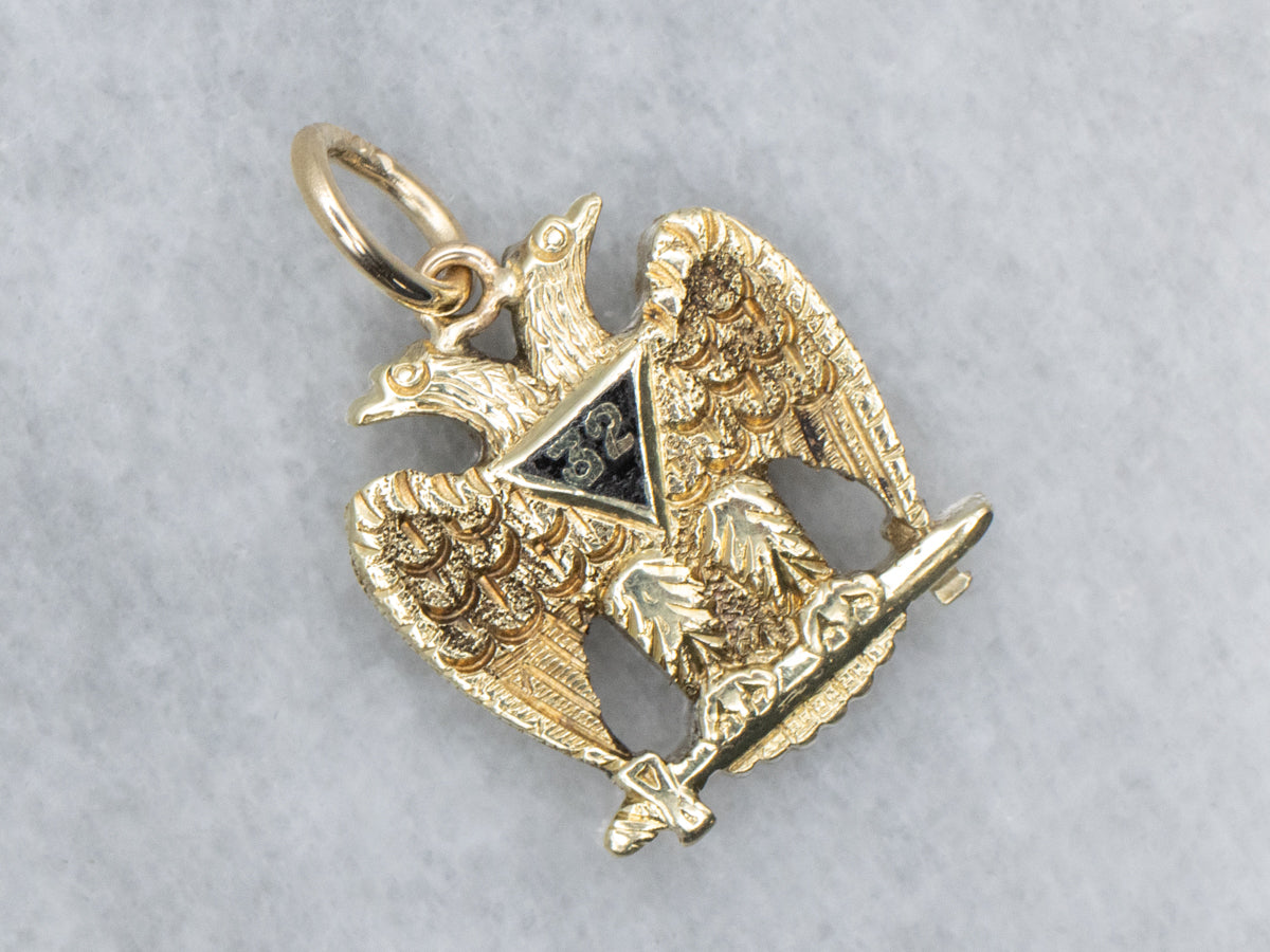 Masonic Black Enamel "32" Double-Headed Eagle Vintage Gold Pendant